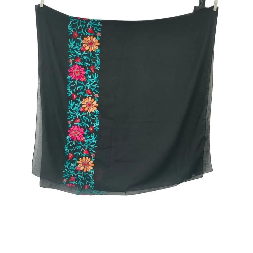 Women's Lightweight Black‎ Multi-Colored Floral Embroidered Scarf Wrap OS